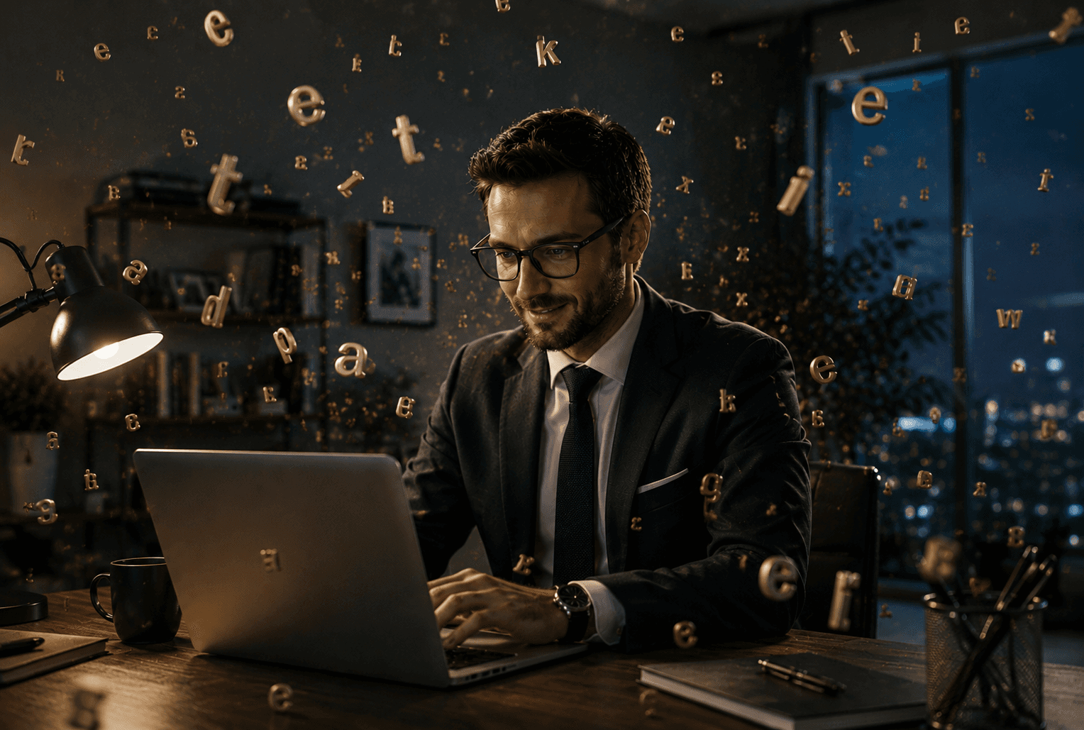 Persona escribiendo frente a una laptop rodeada de letras flotantes